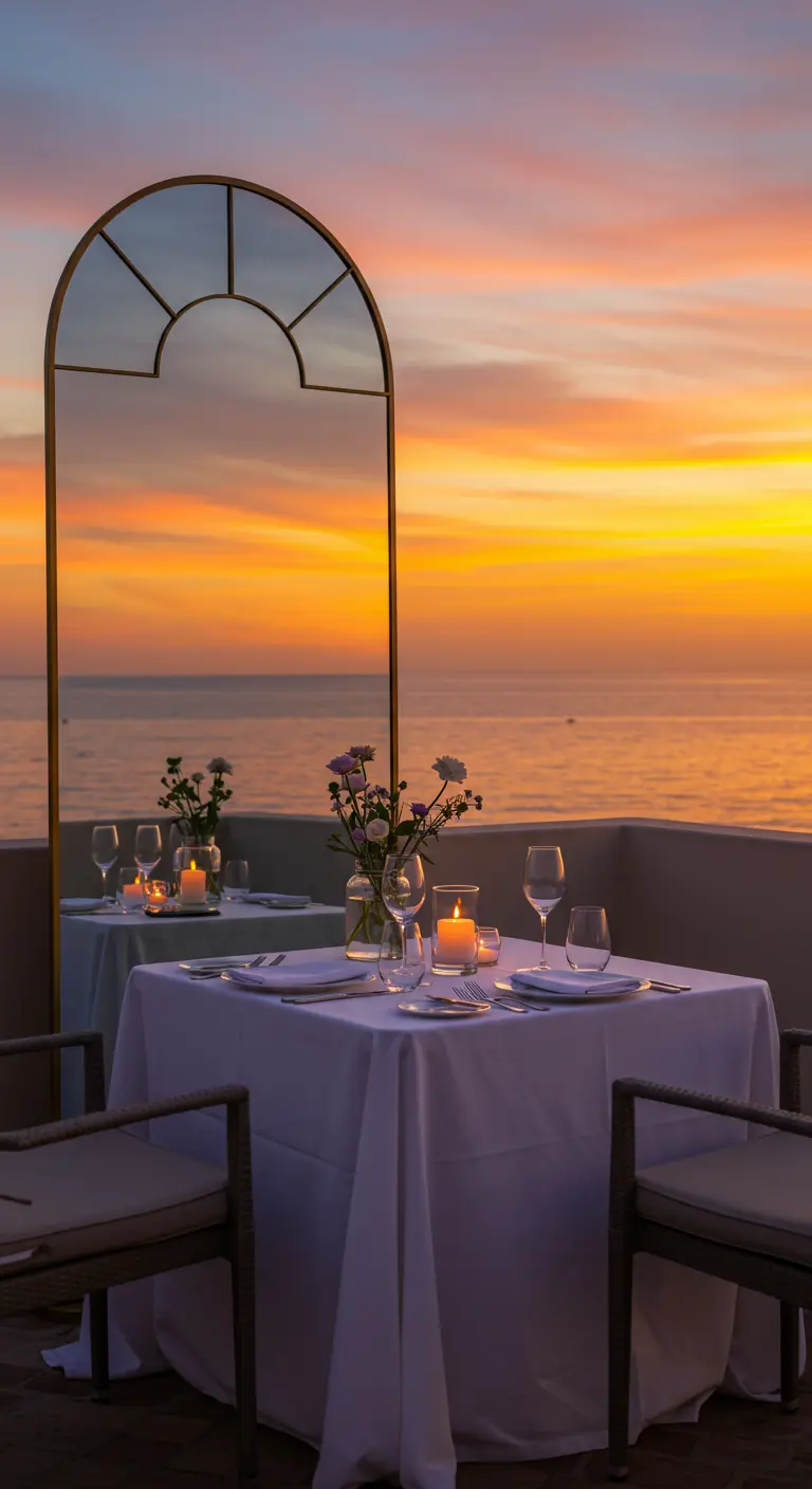 Dinertafel op balkon met een grote spiegel die de oranje zonsondergang reflecteert.