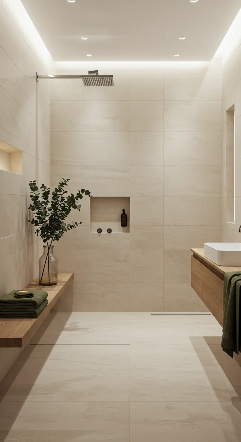 Minimalistische beige badkamer met een lange zwevende houten bank en een inloopdouche.