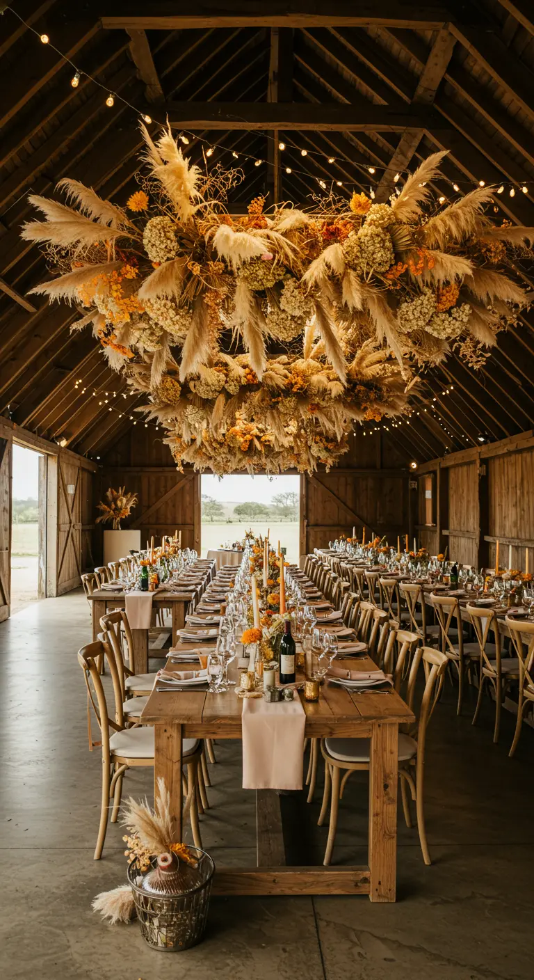 Grote hangende droogbloemeninstallatie boven lange dinertafels in een rustieke schuur.