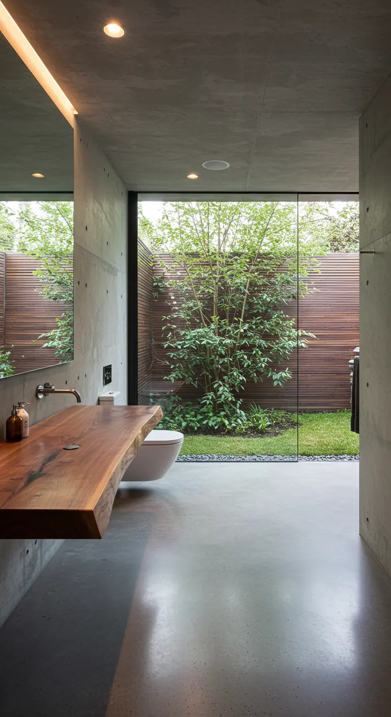 Moderne badkamer met betonnen muren en een zwevende houten wastafelplank met organische rand.