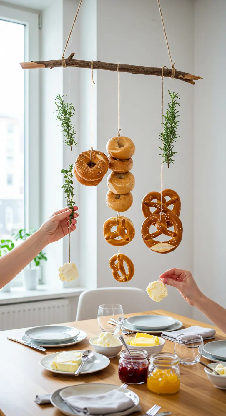 Bagels en pretzels hangen aan een tak boven de eettafel, met handen die ernaar reiken.
