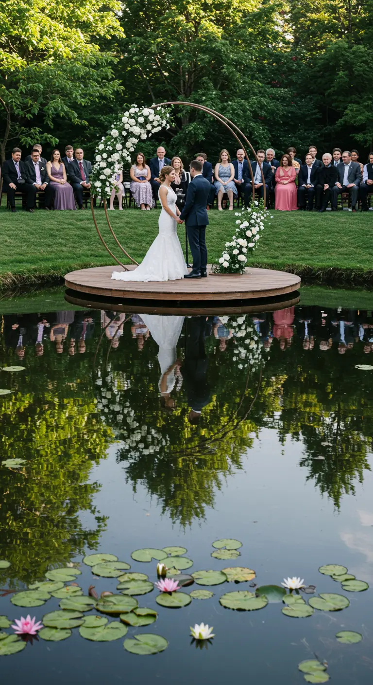 Bruidspaar staat voor een ronde bloemenboog op een platform in een vijver met waterlelies.