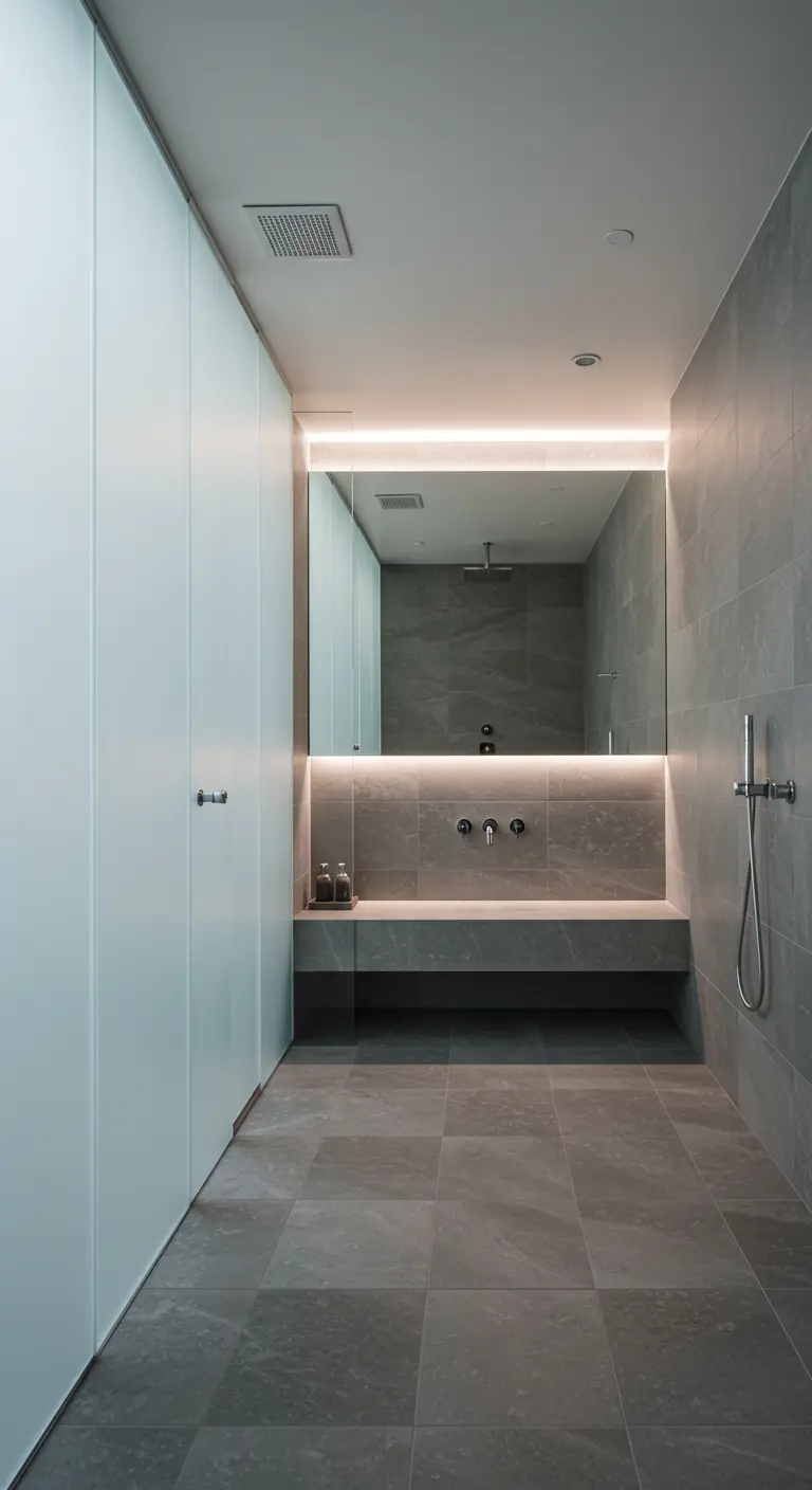 Moderne badkamer met een grote spiegel met halo-verlichting, die een zachte gloed geeft.