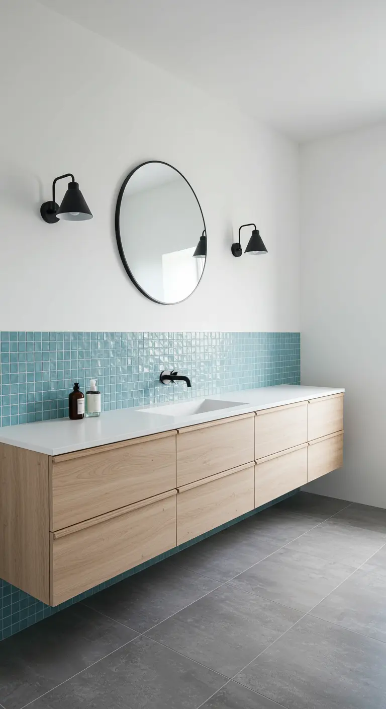 Lichte houten zwevende wastafel met een lage spatwand van turquoise zelliges.