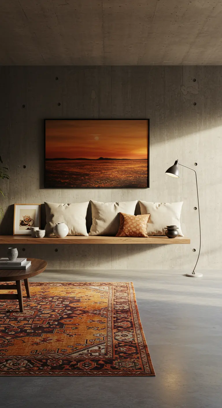 Serene woonkamer met betonnen muur, een lage zwevende houten bank en een schilderij van een zonsondergang.