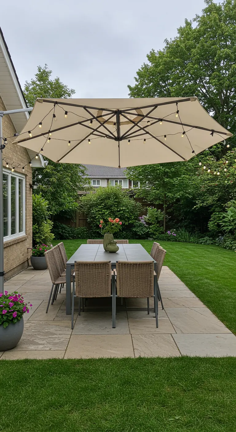 Grote zweefparasol met lichtjes boven een tuinset op een terras.