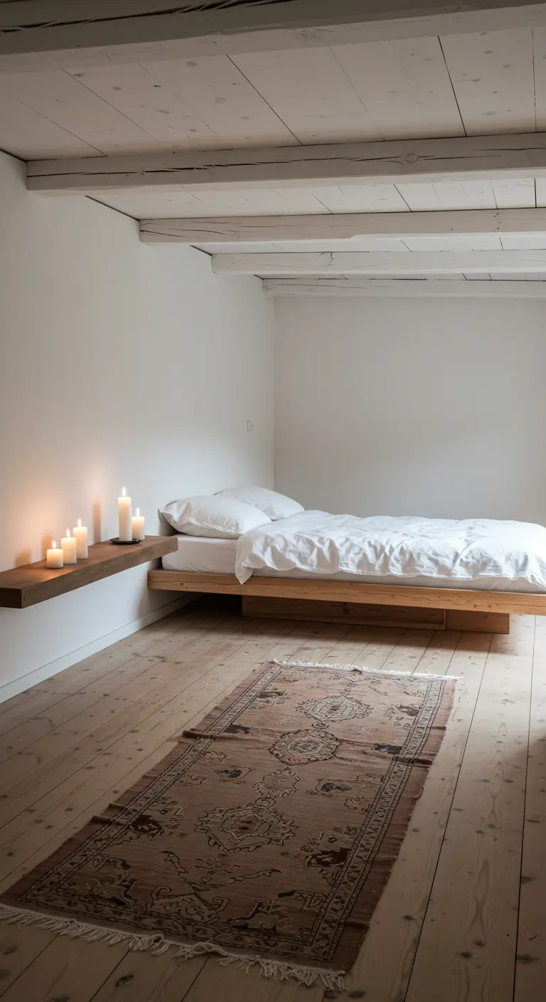 Minimalistische slaapkamer met een laag houten bed en een zwevende wandplank met kaarsen.