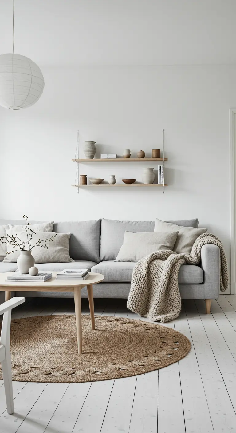Scandinavische woonkamer met grijze bank, ronde jute mat en zwevende wandplanken.