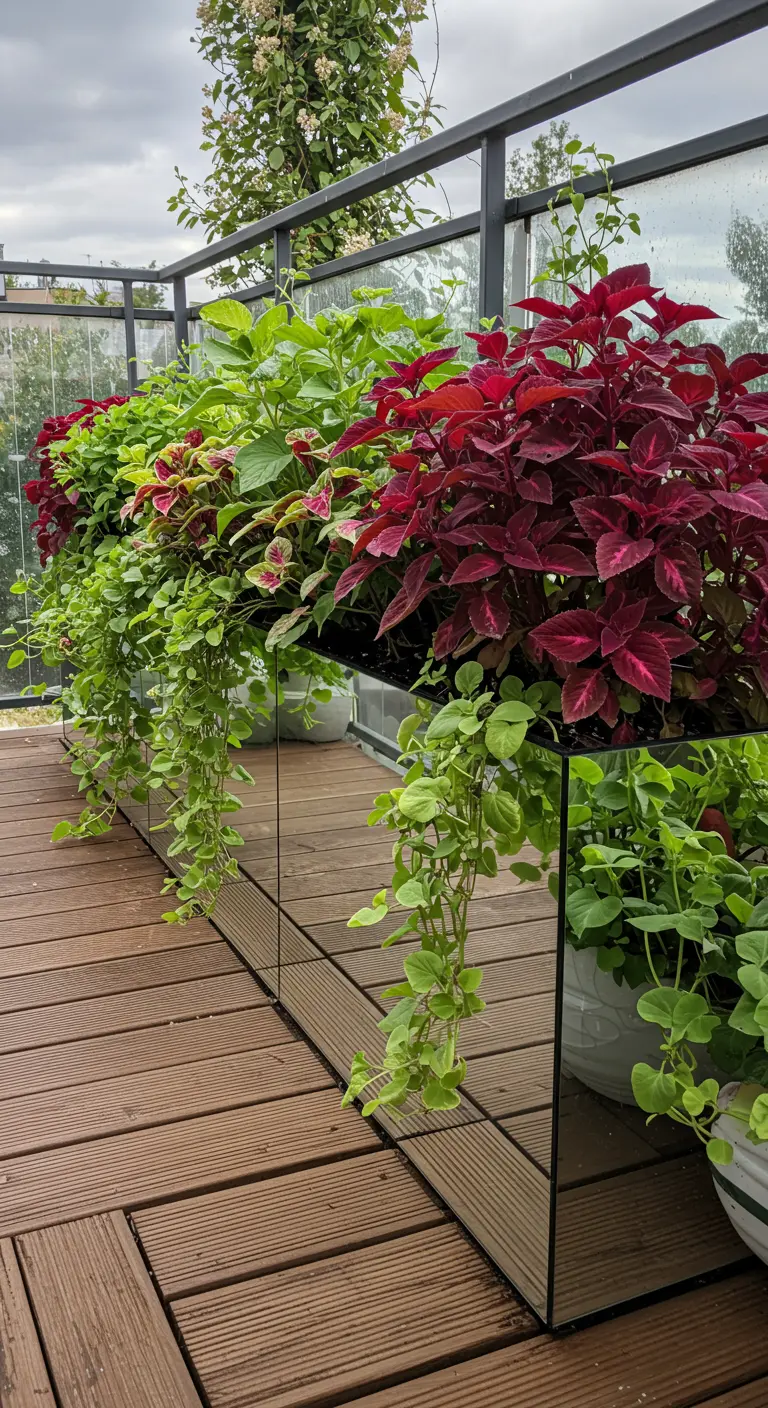 Lange plantenbak bekleed met spiegels, waardoor hij lijkt te zweven op de houten vlonder.