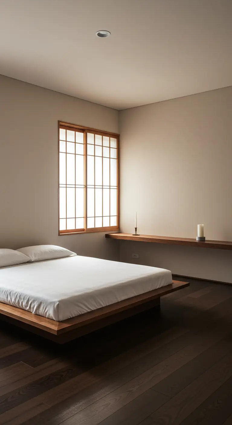 Minimalistische slaapkamer met een laag bed, witte lakens en een lange, donkerhouten wandplank als hoofdeinde.