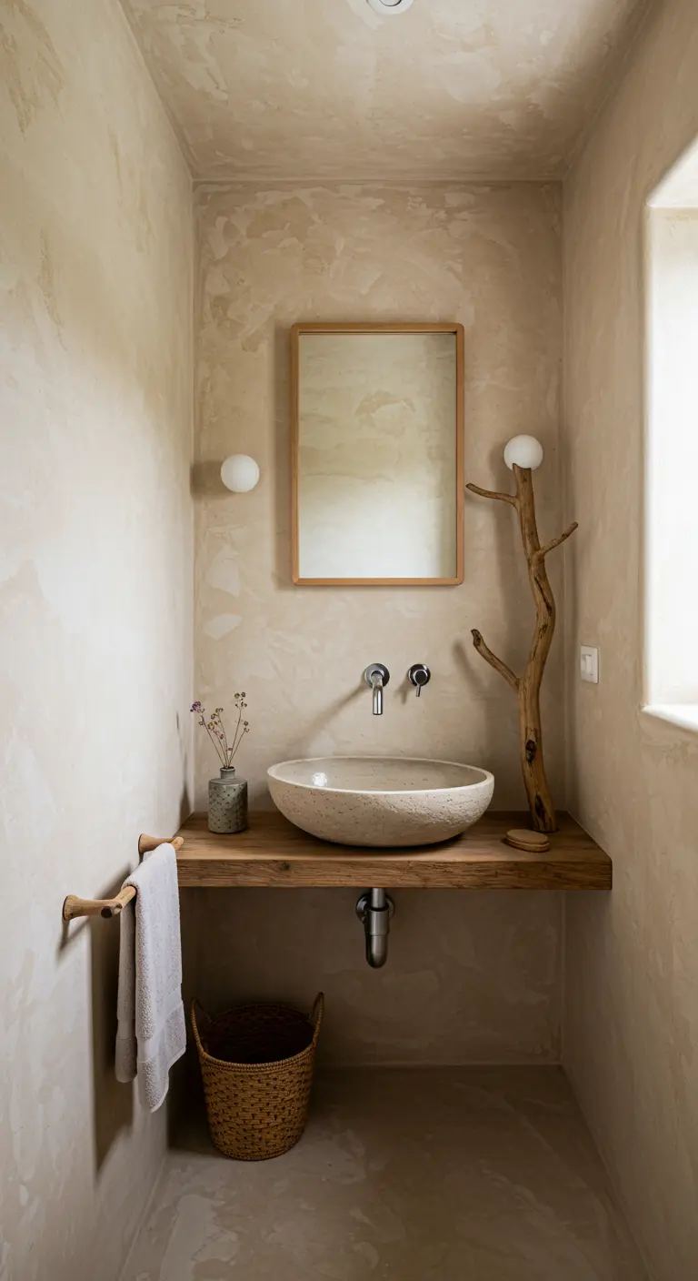 Compacte badkamer met een waskom op een houten plank en een tak als handdoekhouder.