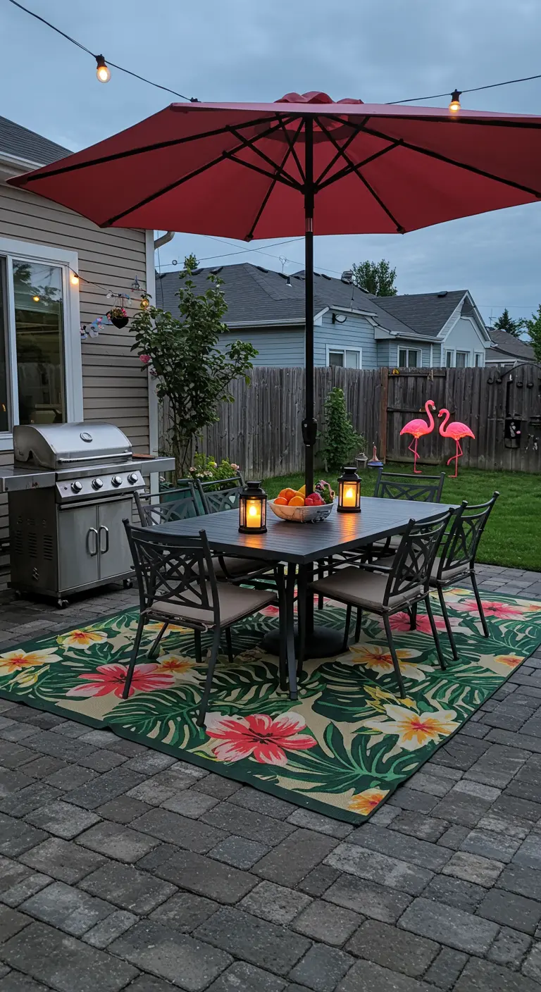 Eettafel op een terras met een groot buitenkleed met tropische bloemenprint.