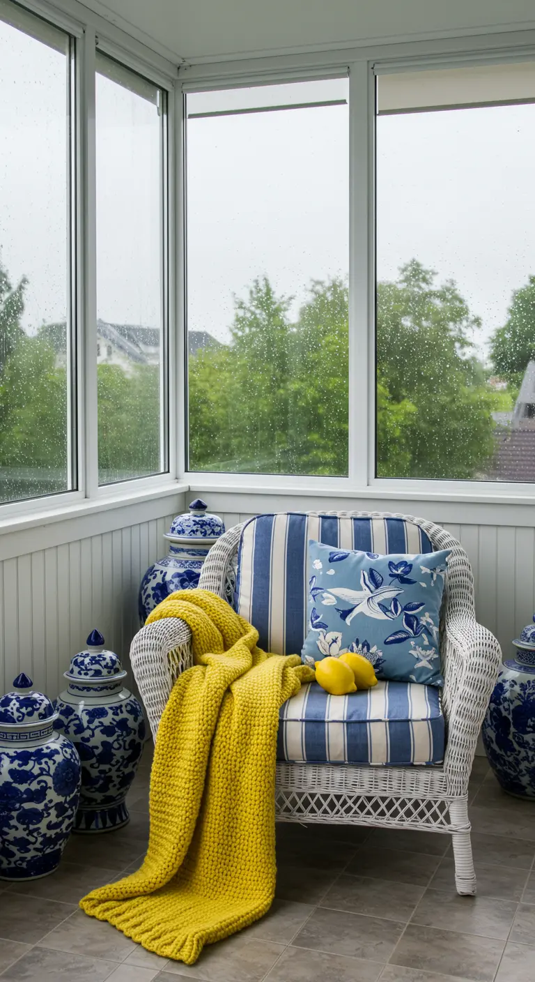 Witte rotan stoel met blauw-witte kussens, een geel plaid en Delfts blauwe vazen op een serre-balkon.