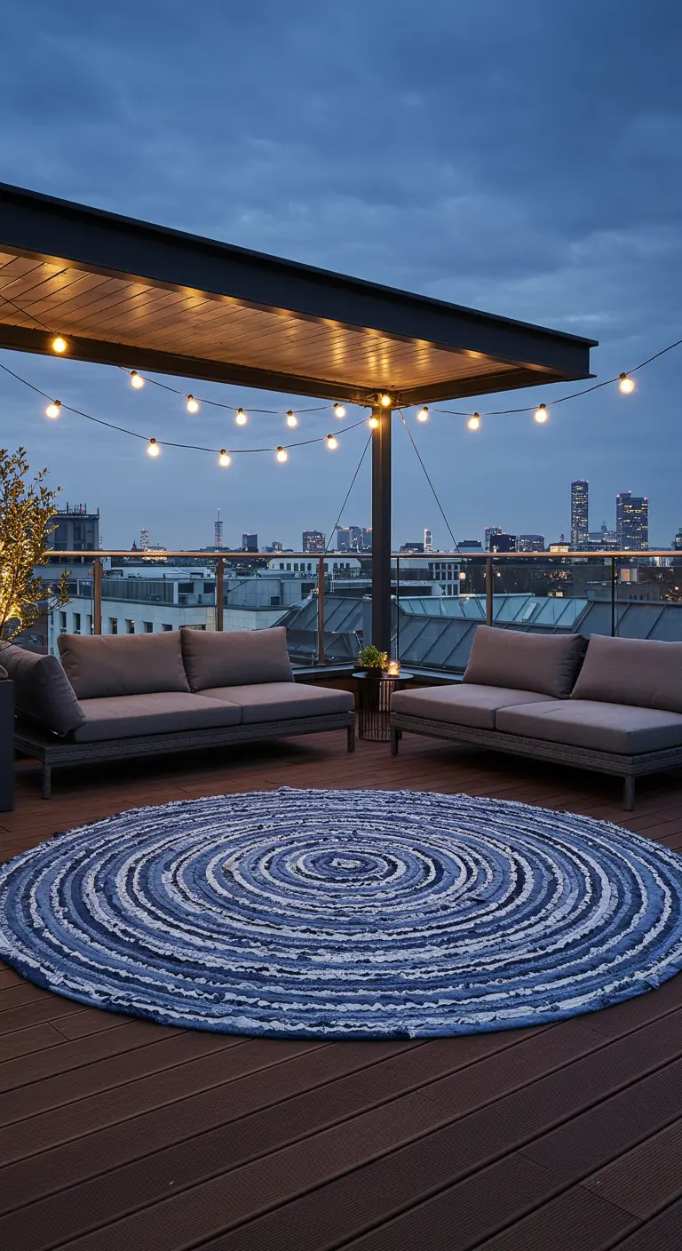 Dakterras met een groot, rond vloerkleed gemaakt van gevlochten spijkerstofrepen.
