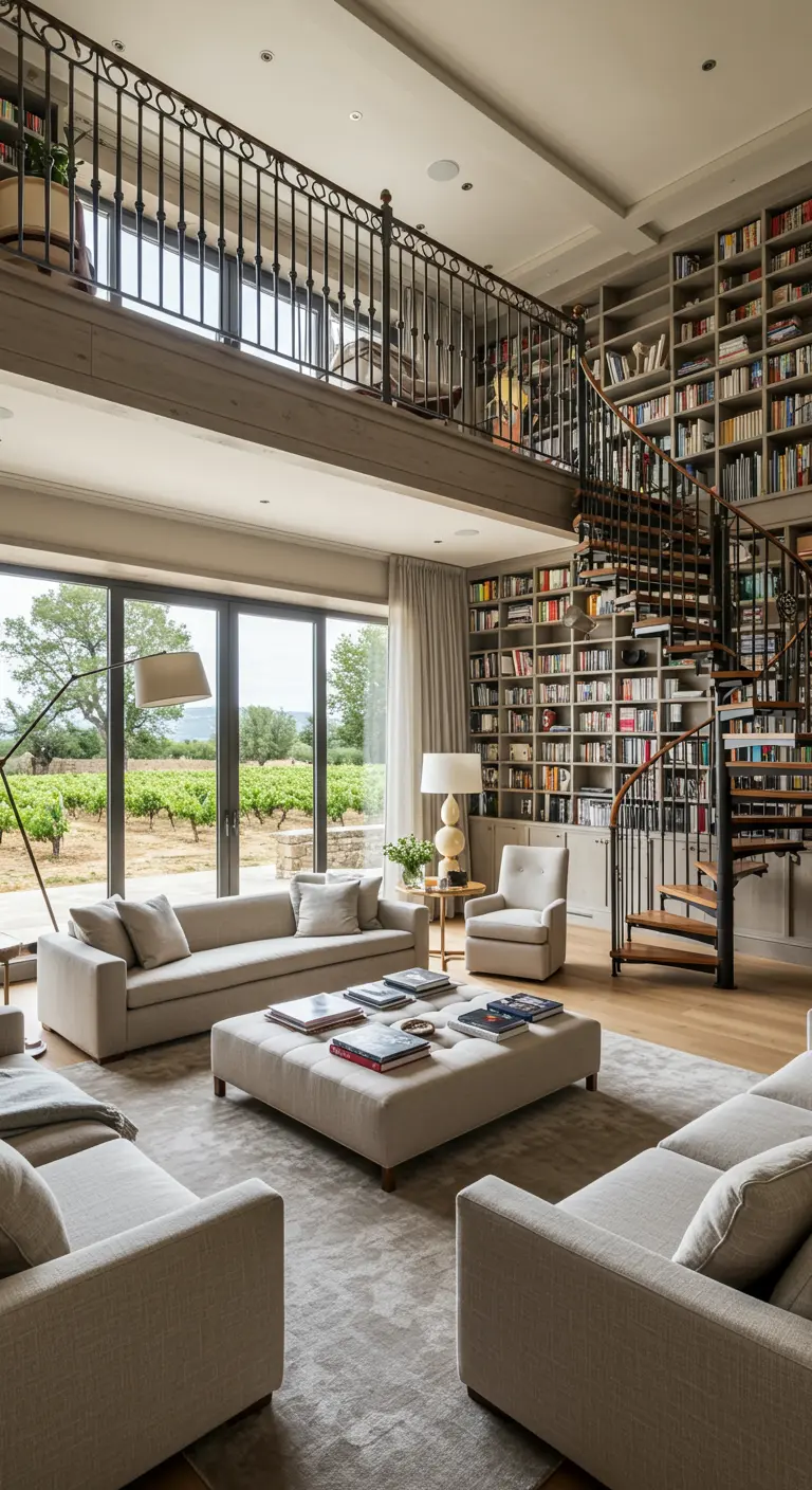 Hoge woonkamer met een mezzanine, een muur vol boeken en een spiraaltrap.