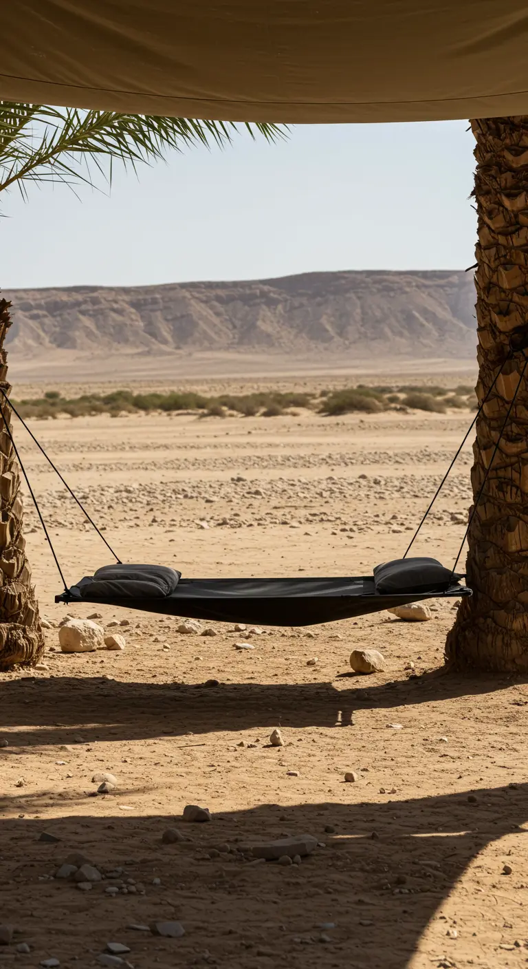 Eenvoudige zwarte zwevende hangmat tussen twee palmbomen in een zanderig woestijnlandschap.