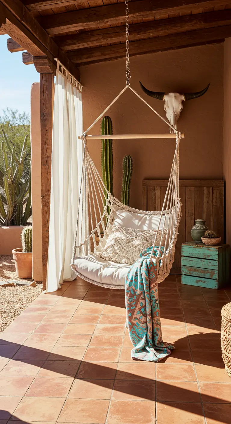 Macramé hangstoel op een terras met terracotta tegels en een turquoise-oranje plaid.