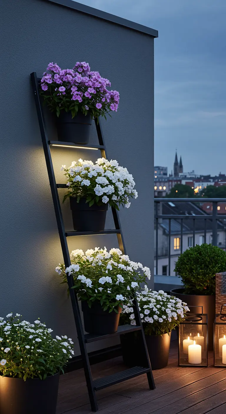 Zwarte ladder met witte en paarse bloemen, verlicht door LED-strips onder de treden.