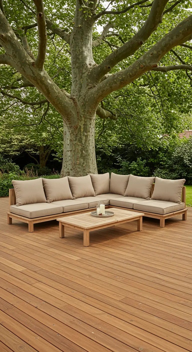 Moderne houten loungeset met beige kussens op een vlonder onder een grote loofboom.