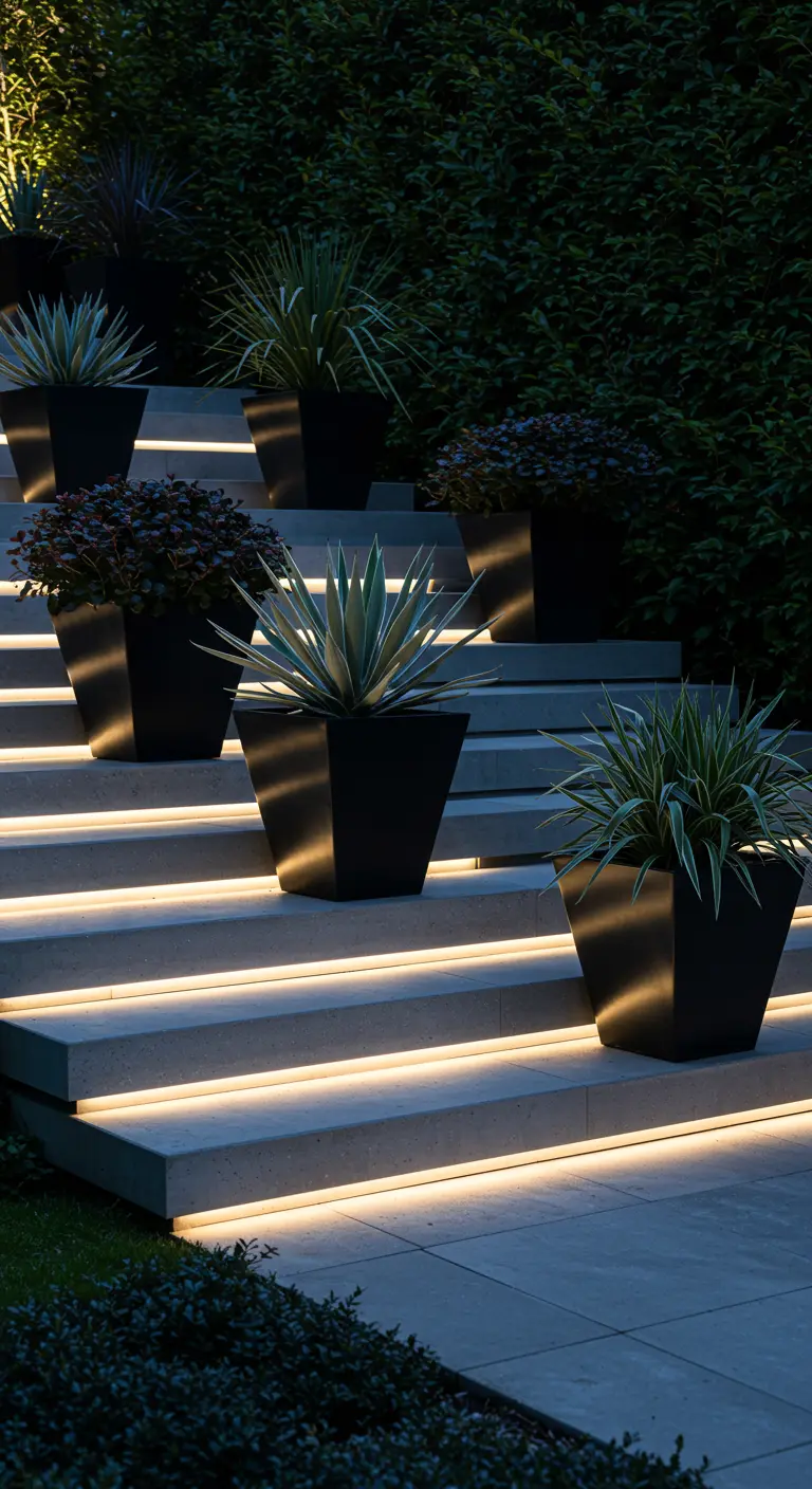 Moderne betonnen trap 's nachts, met LED-verlichting onder elke trede en grote zwarte plantenpotten.