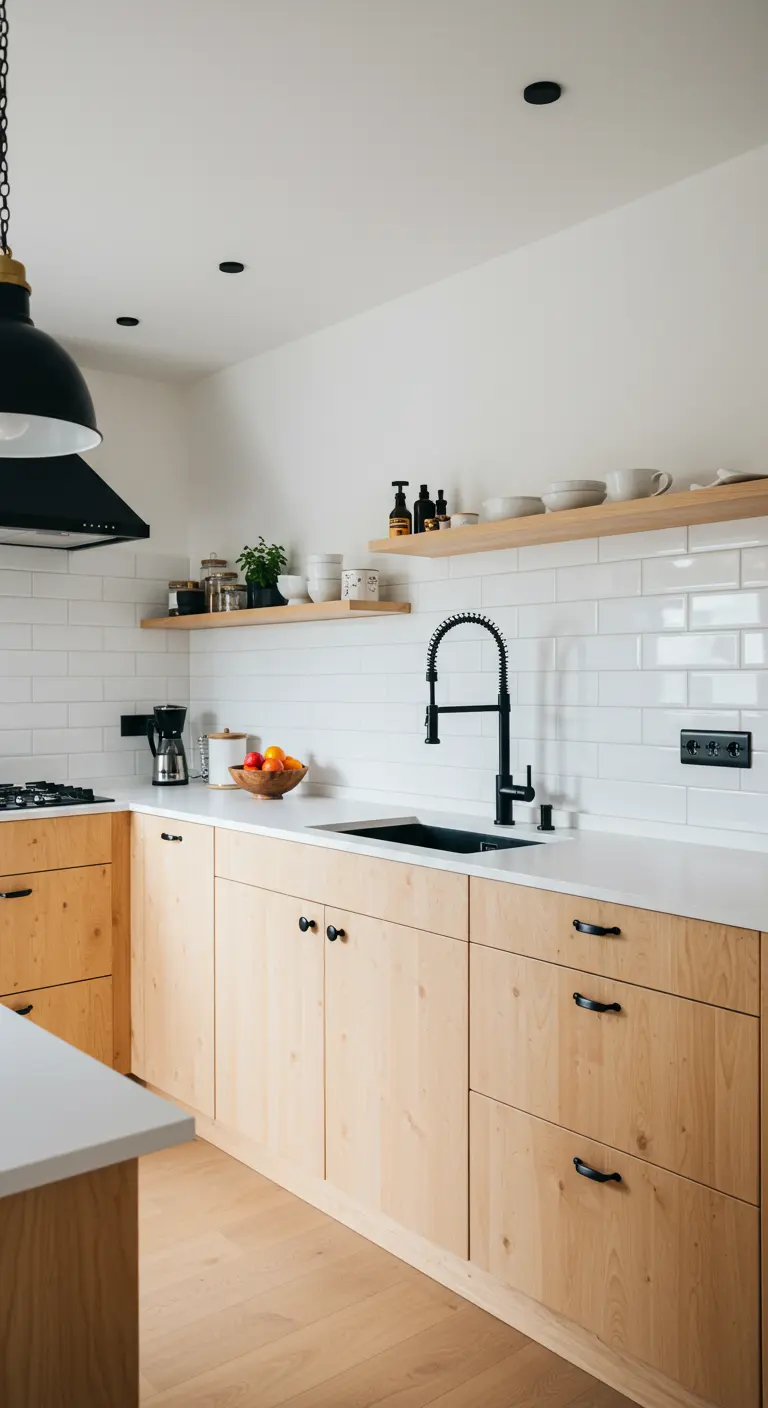 Lichte houten keuken met zwarte handgrepen, een zwarte kraan en open houten planken.