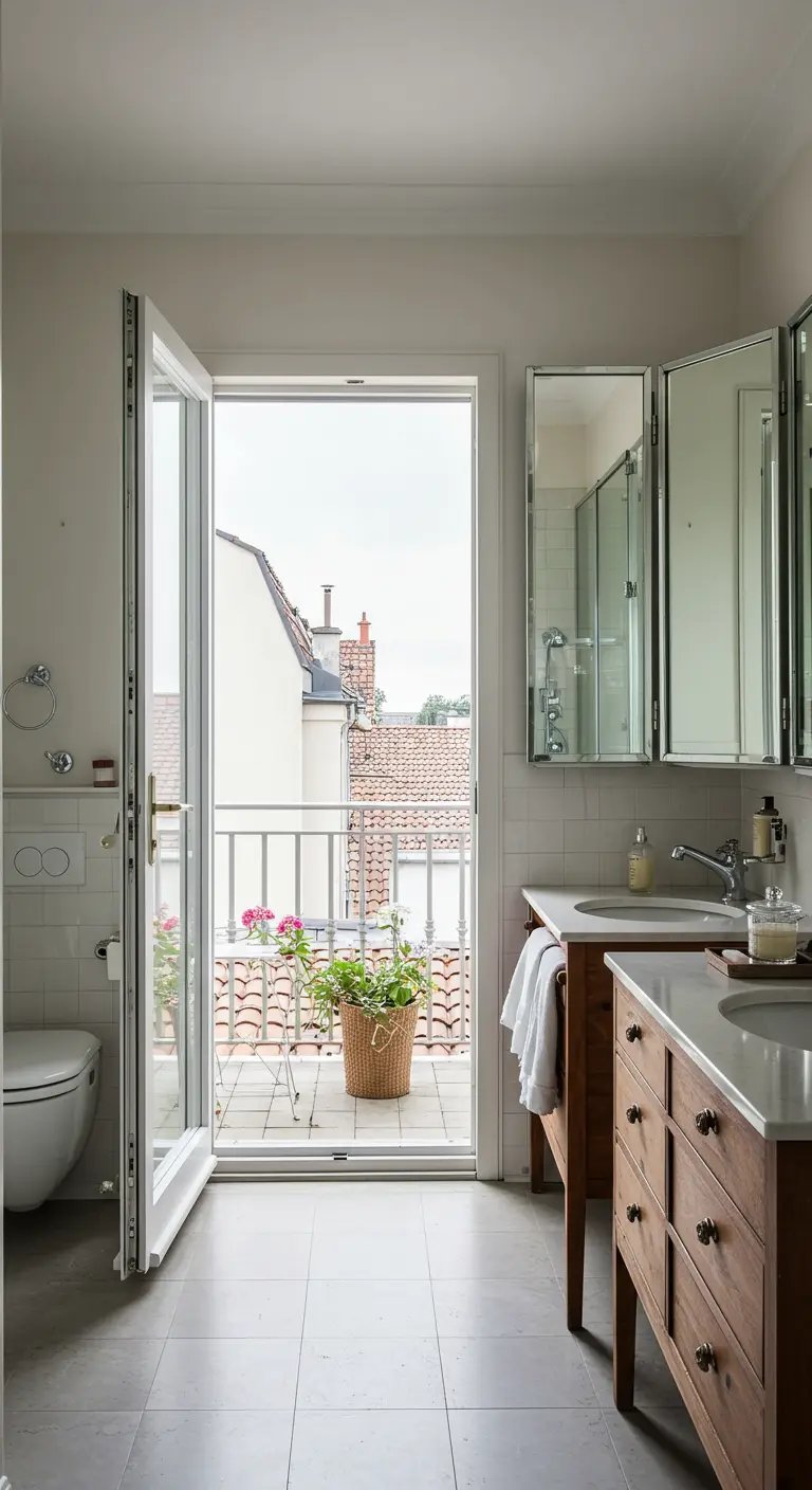 Badkamer met open deuren naar een balkon, waarbij de spiegelkast het buitenlicht reflecteert.