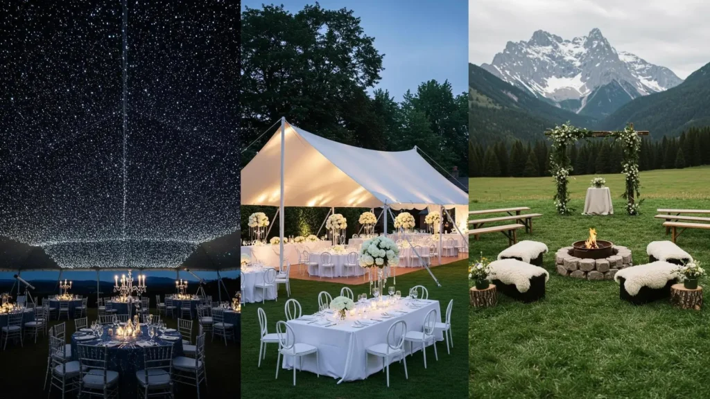 Ideeën voor een buiten trouwfeest: fonkelende tent, chique dinertafel en een ceremonieplek met berguitzicht.