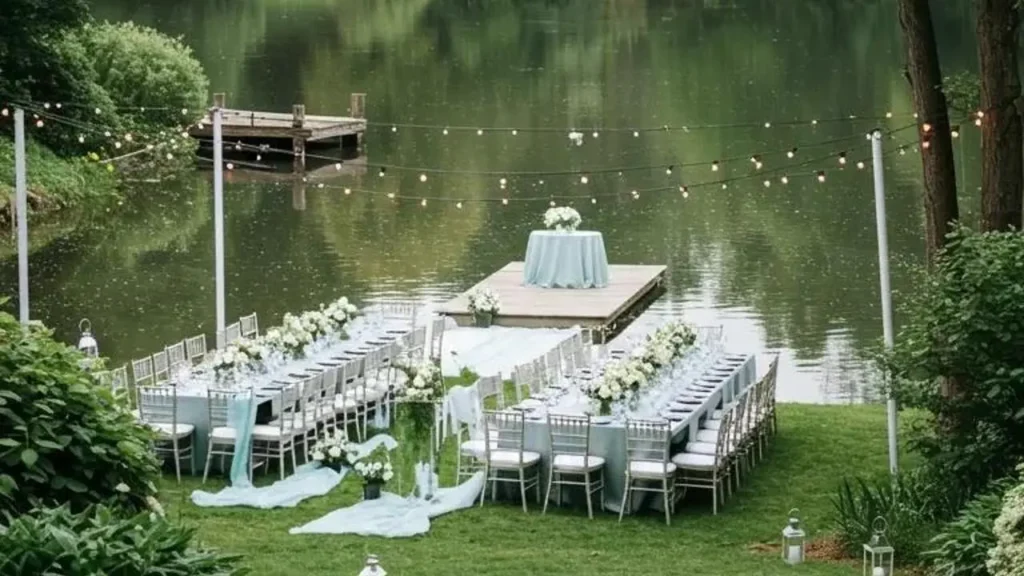 Betoverende bruiloft in de tuin aan het meer, met sfeervolle verlichting en elegante dinertafels.