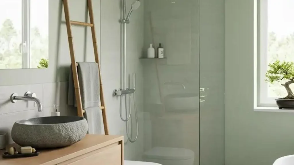 Moderne badkamer in pasteltinten met een unieke stenen wastafel en houten details, voor een dromerige sfeer.