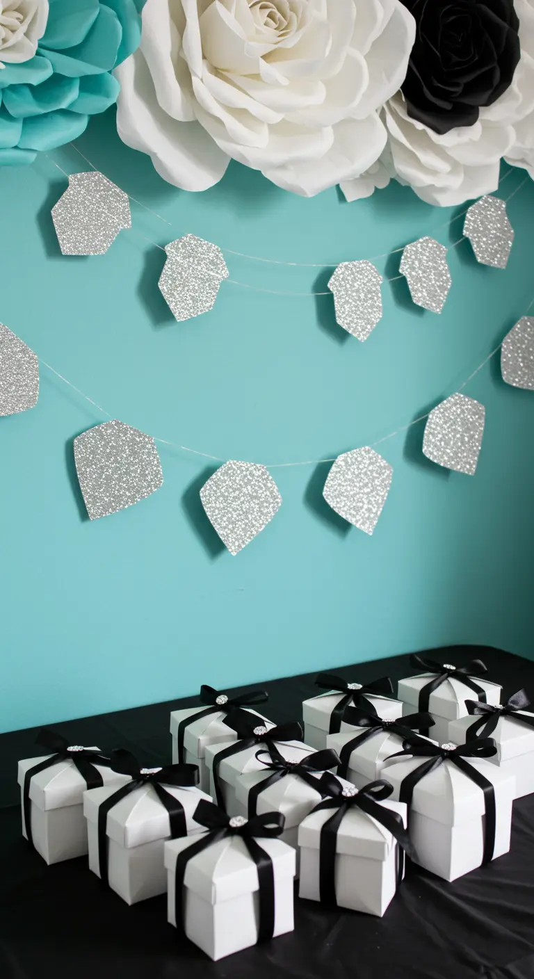 Zilveren glitterslinger in diamantvorm voor een turkooizen muur.