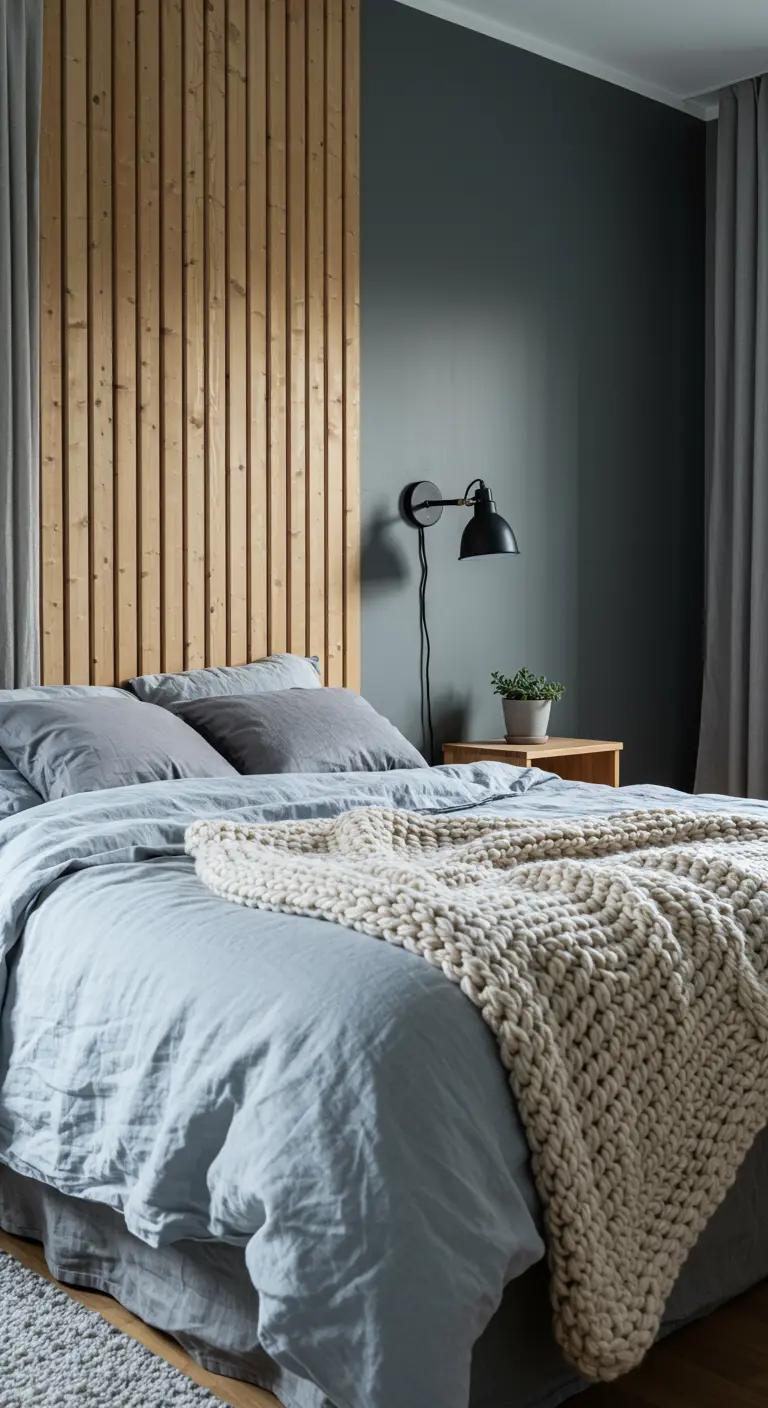 Slaapkamer met donkergrijze muur en een hoofdeinde van verticale houten latten.