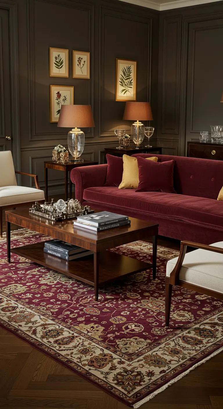 Klassieke woonkamer met donkere wanden, rode fluwelen bank, Perzisch tapijt, botanische prints.