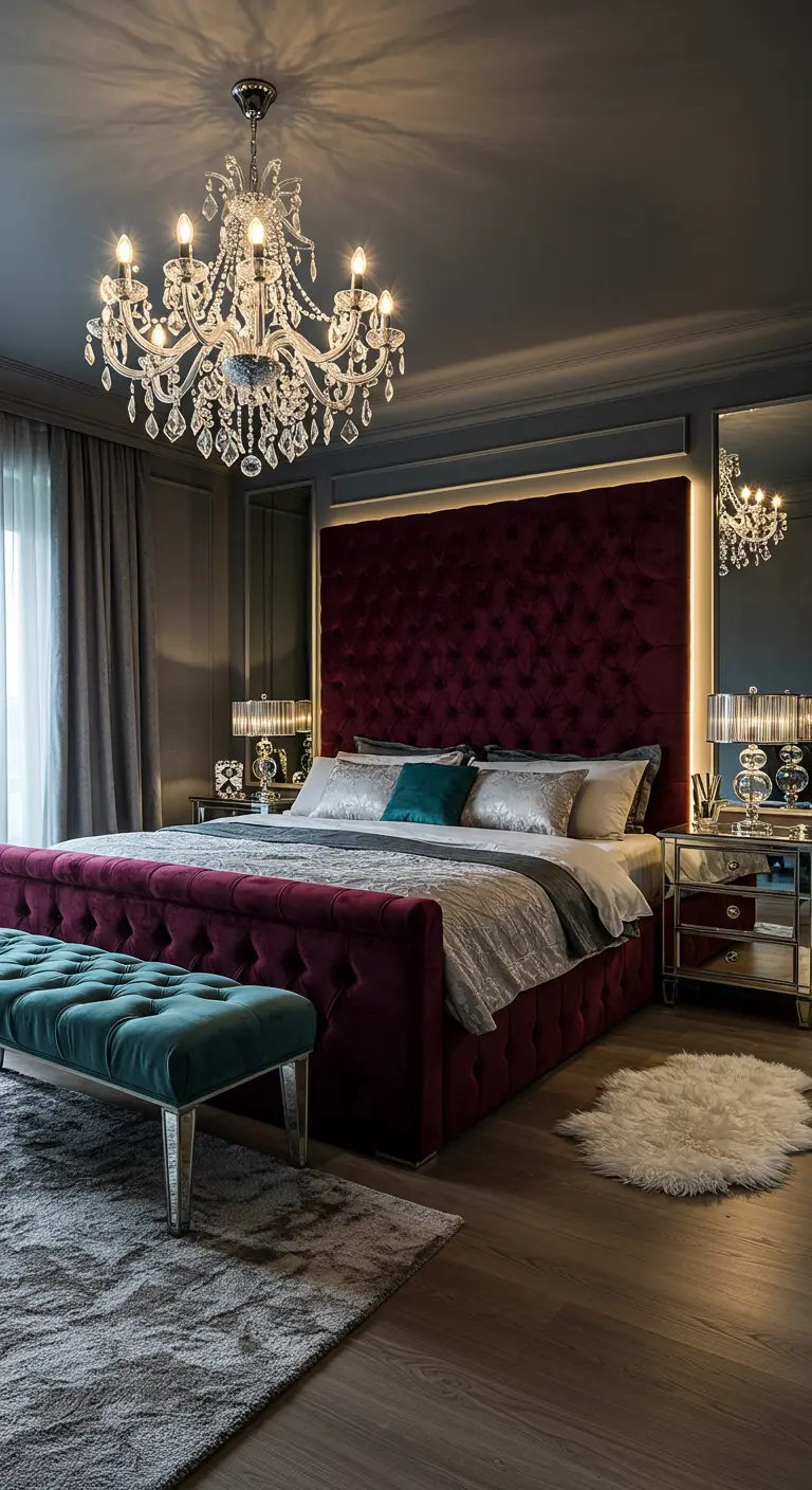Slaapkamer met wijnrood fluwelen bed, spiegelmeubels en een kristallen kroonluchter.