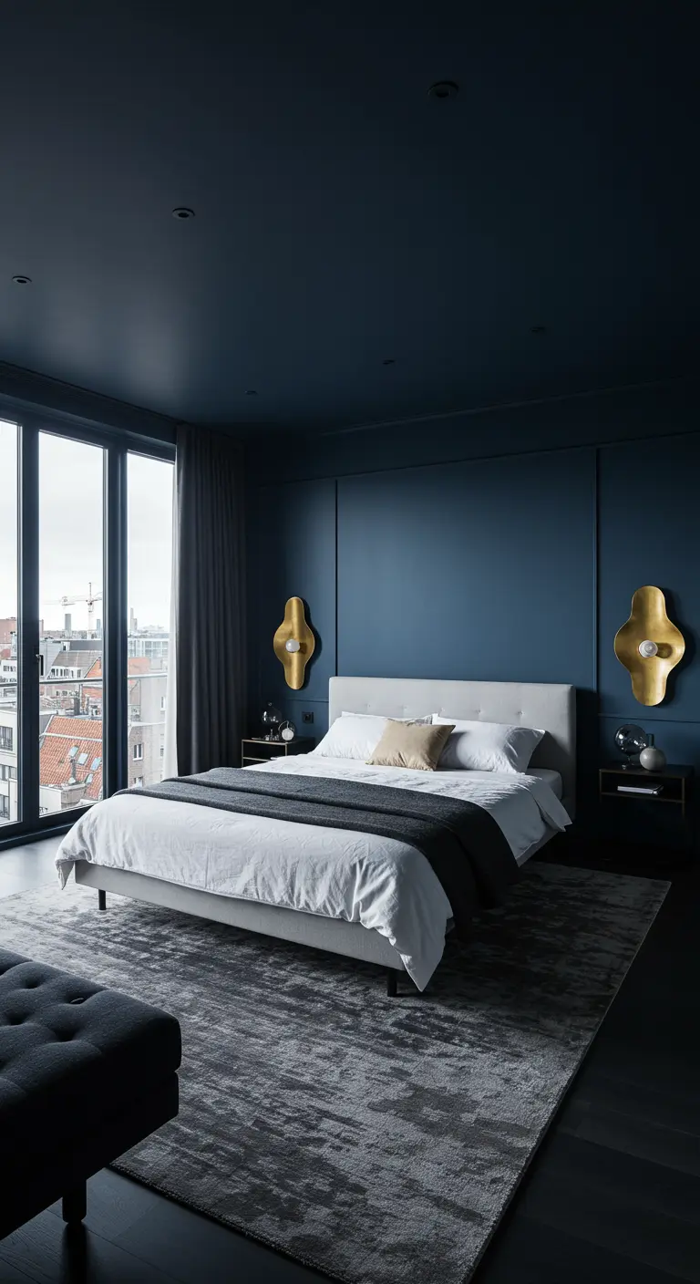 Moderne slaapkamer in diepblauw met een groot raam en twee organisch gevormde gouden wandlampen.