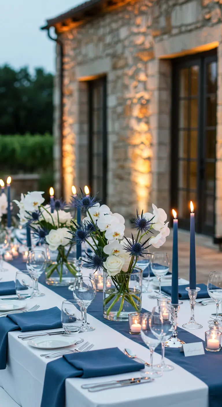 Witte tafels met diepblauwe lopers, blauwe kaarsen en witte bloemen met distels.