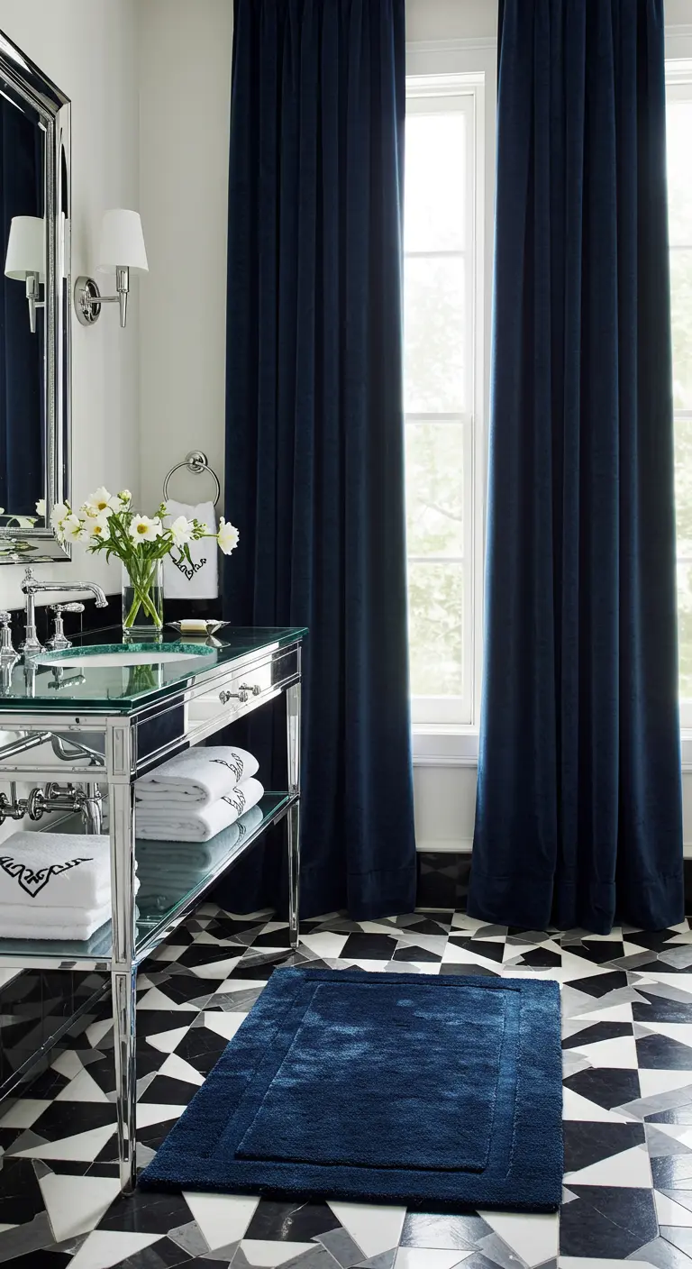 Chique badkamer met zwart-witte tegelvloer en lange, donkerblauwe fluwelen gordijnen.