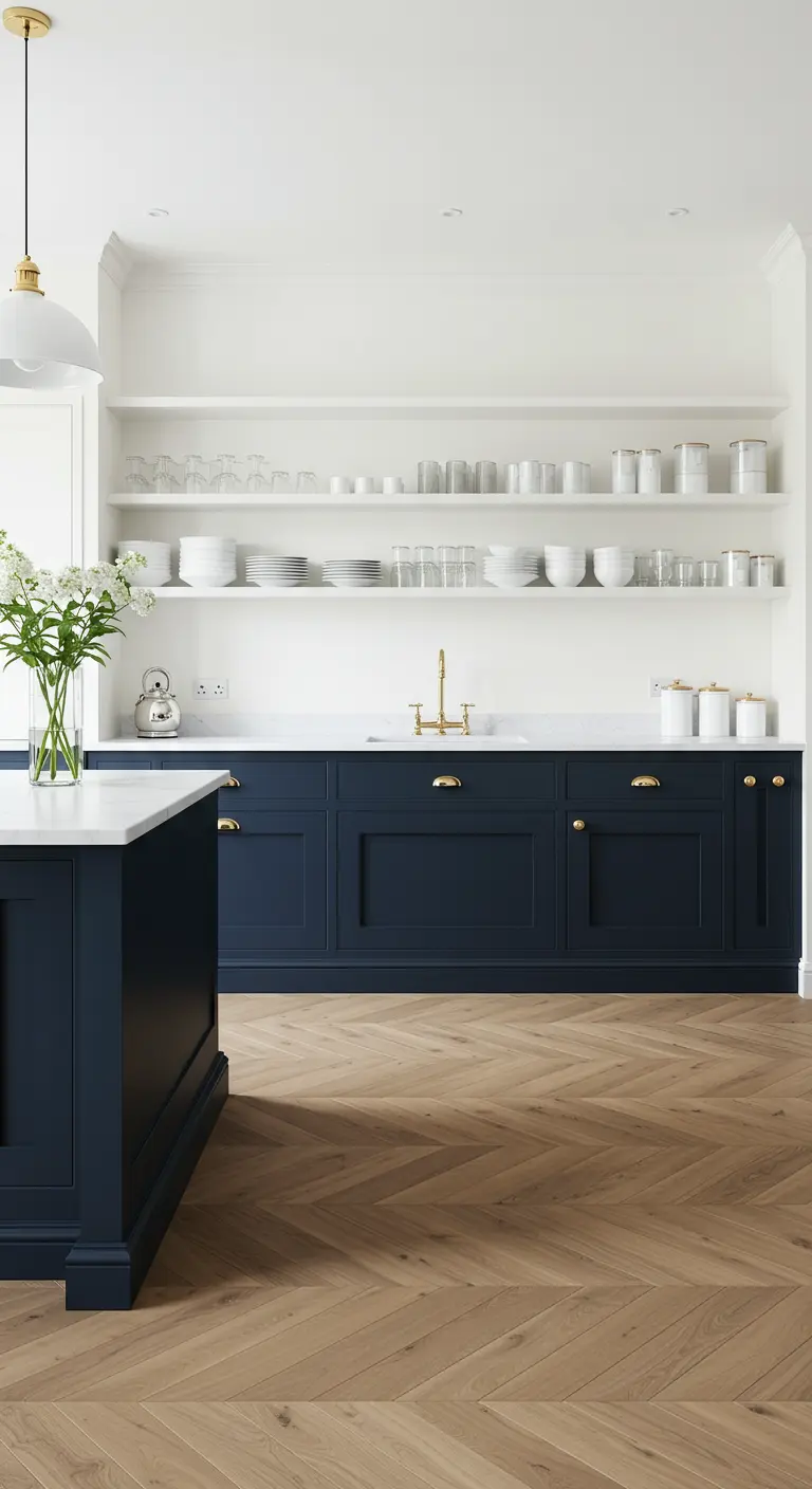 Donkerblauwe keuken met een witte nis met open planken en een houten visgraatvloer.