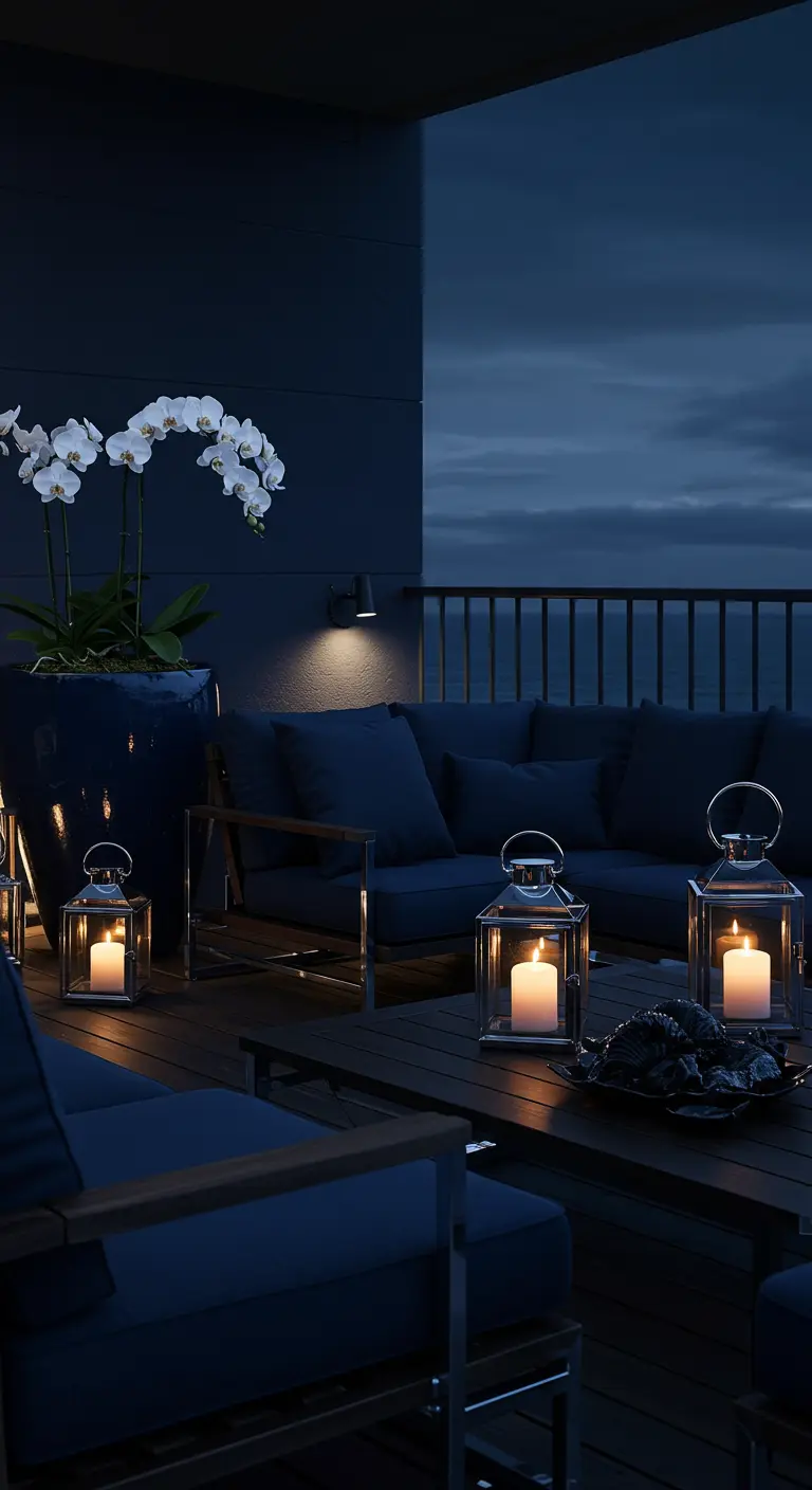 Luxe nautisch balkon in de avond met diepblauwe loungebank, grote pot met orchidee, en sfeervolle lantaarns.