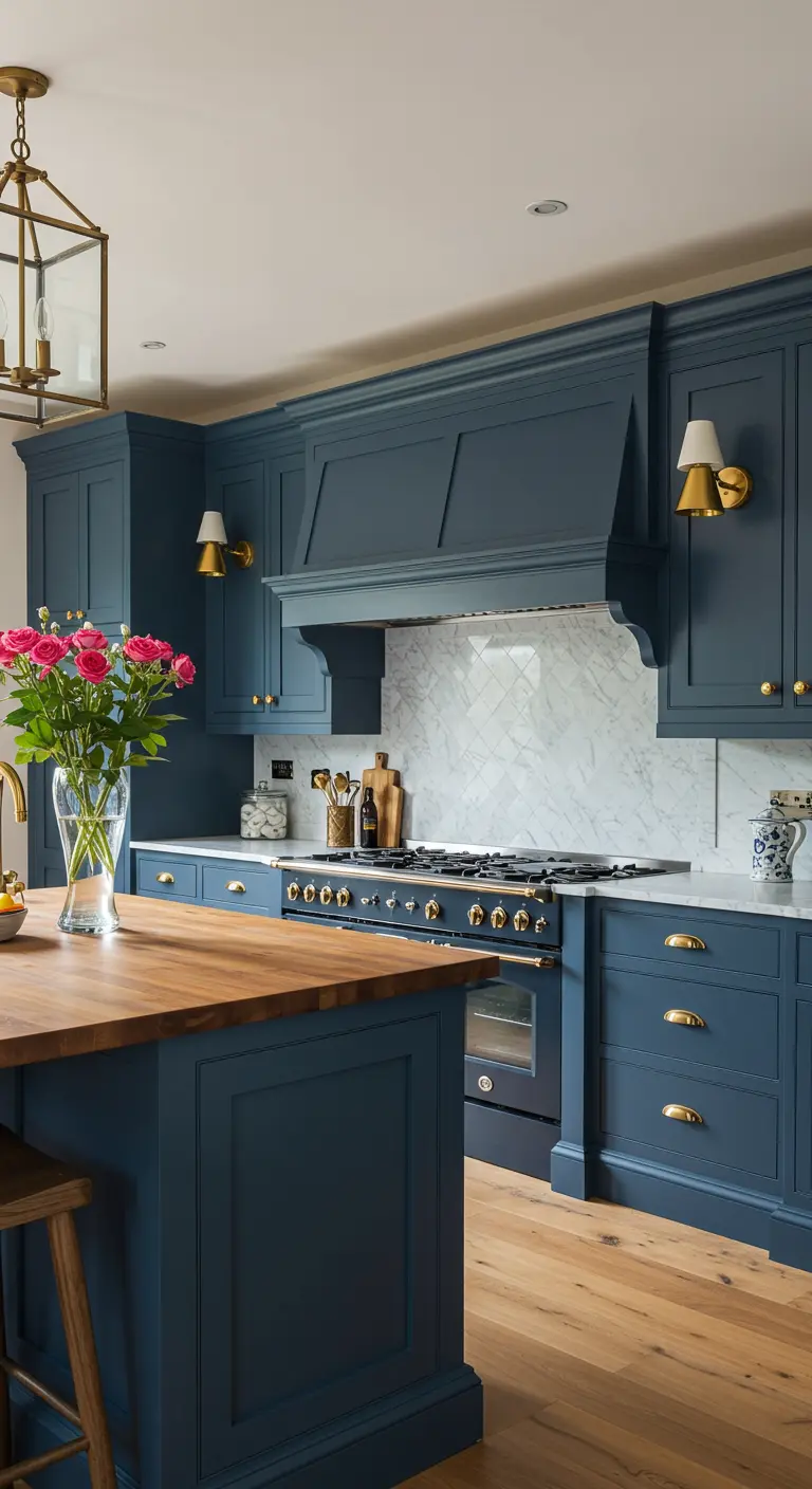 Matte marineblauwe kasten met houten eilandblad en gouden glanzende accenten.
