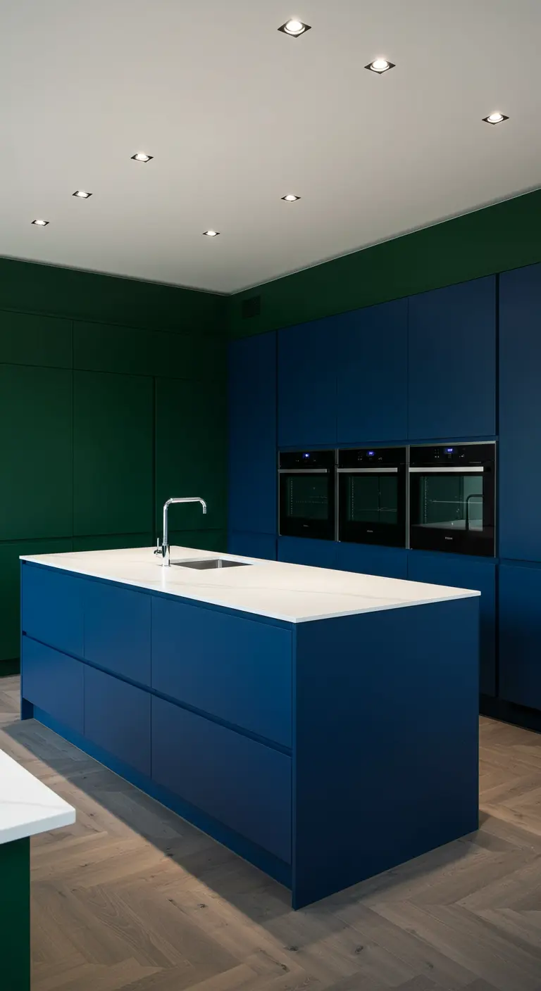 Donkerblauwe keuken met een diepgroene achterwand en kastenwand.