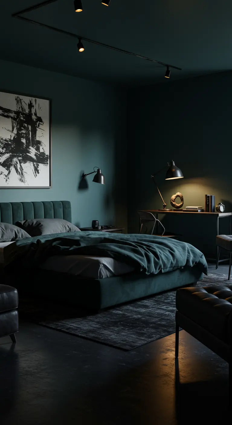 Diepblauwgroene slaapkamer met fluwelen bed, abstract schilderij en zwarte plafondspots.