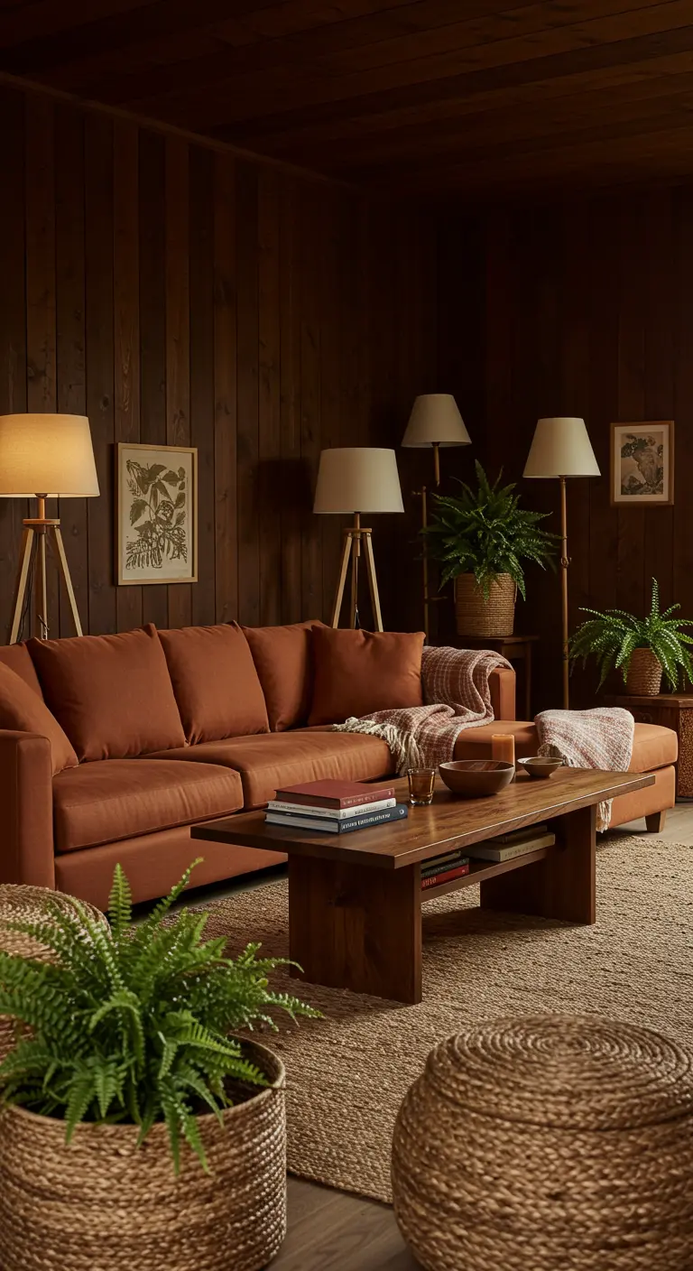 Donkerhouten woonkamer met bruine sectiebank, jute vloerkleed, rieten poefjes en planten.