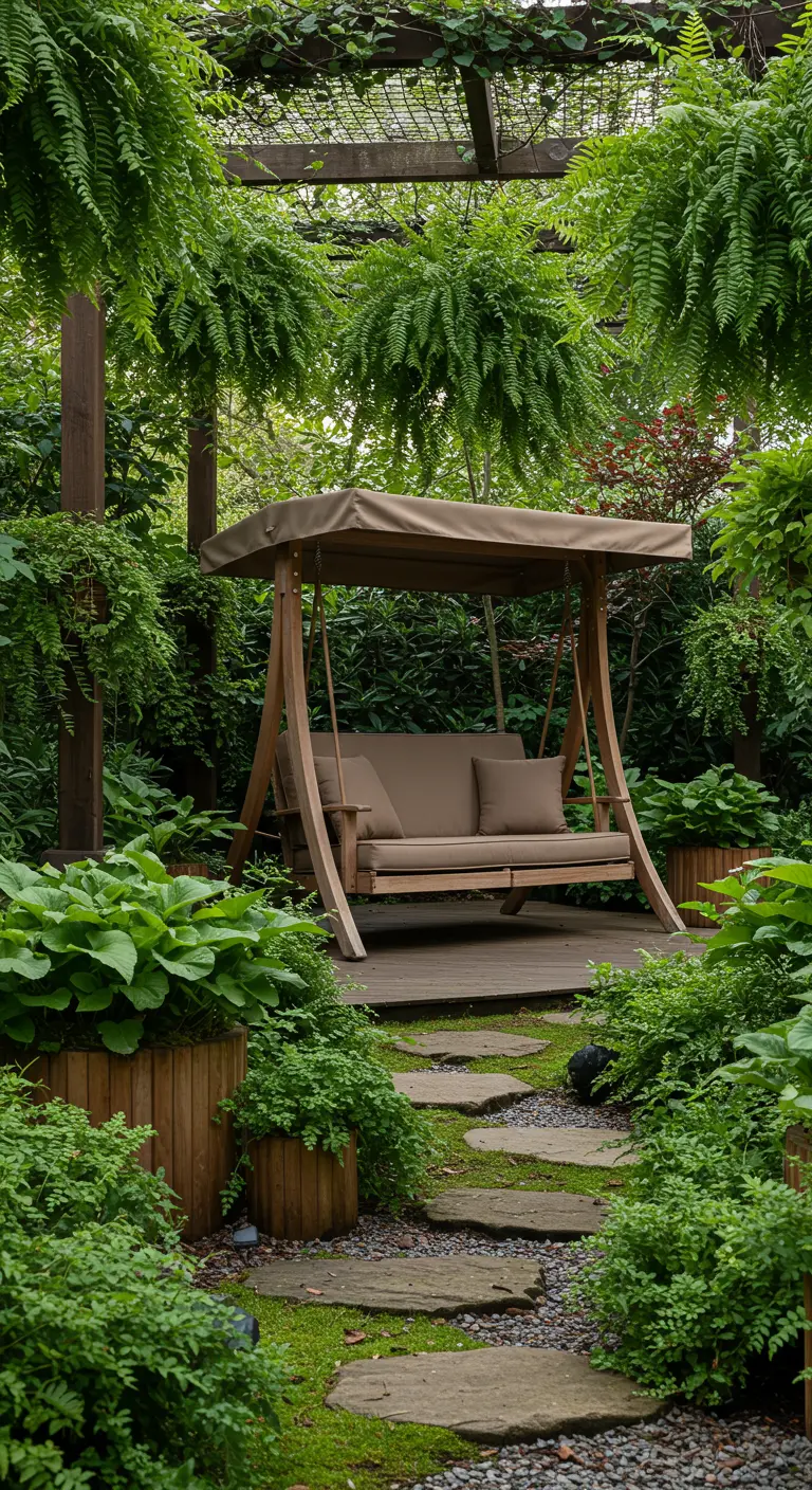 Houten schommelset in diep bos omringd door varens en mossige pad.