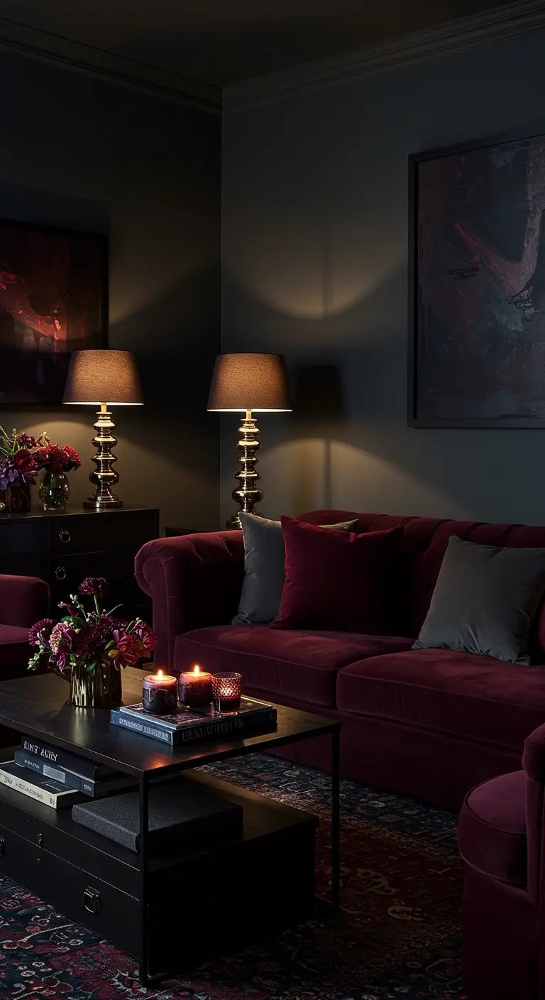 Donkere woonkamer met bordeauxrode fluwelen bank, zwarte meubels, warme lampen.