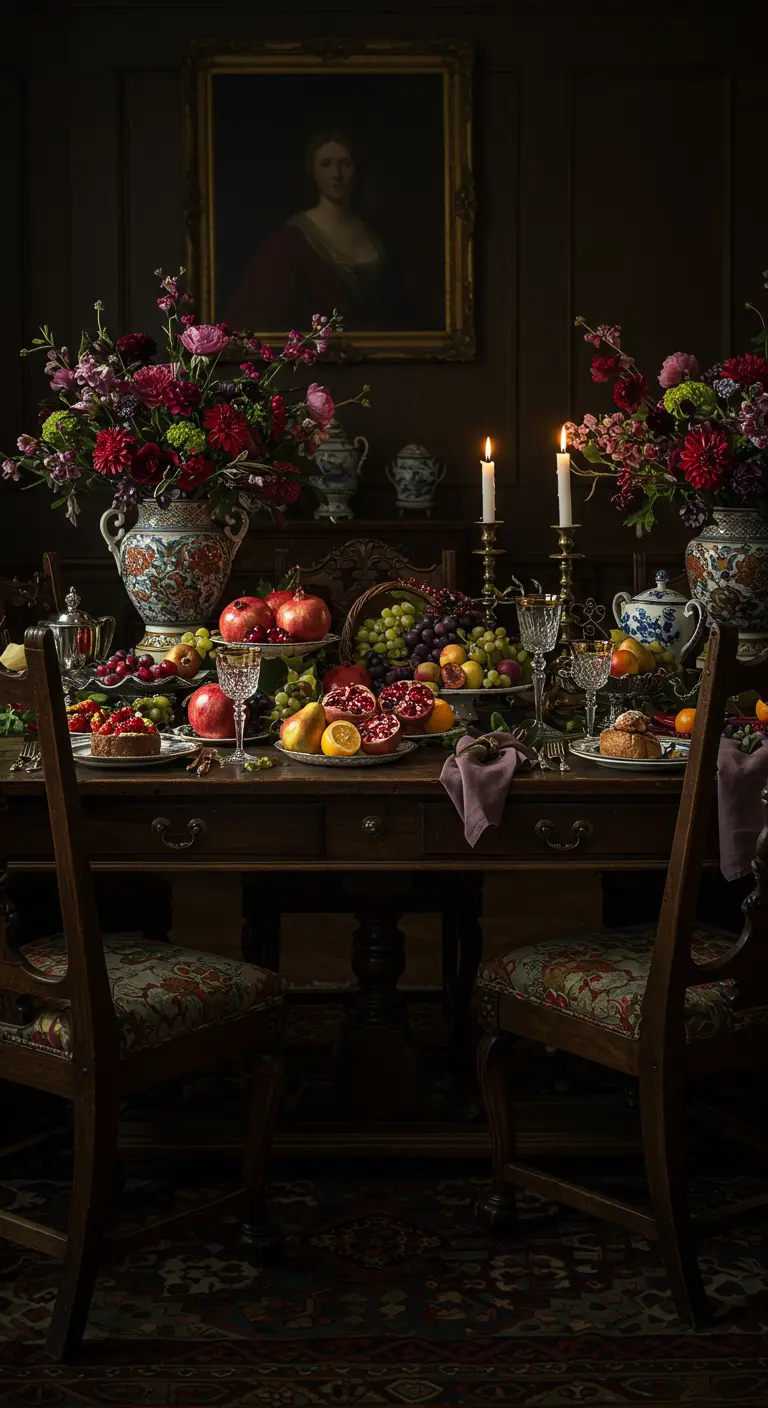 Donkere, sfeervolle eetkamer met antieke tafel, veel fruit en bloemen.