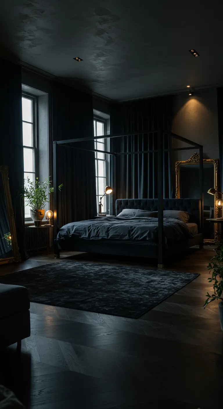 Donkere slaapkamer met een zwart fluwelen hemelbed, gouden spiegels en subtiele verlichting.