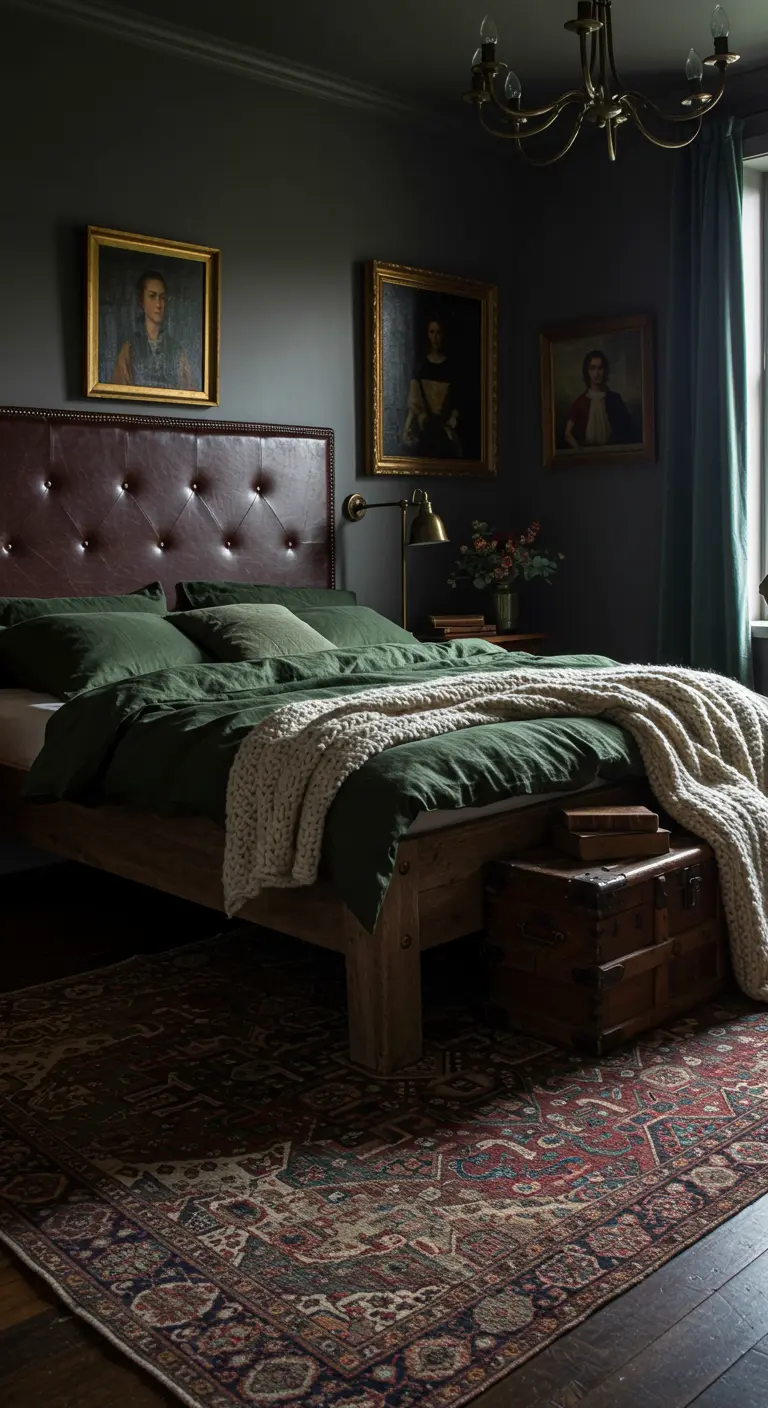 Donkergroene slaapkamer met leren hoofdbord, vintage schilderijen en warm licht.