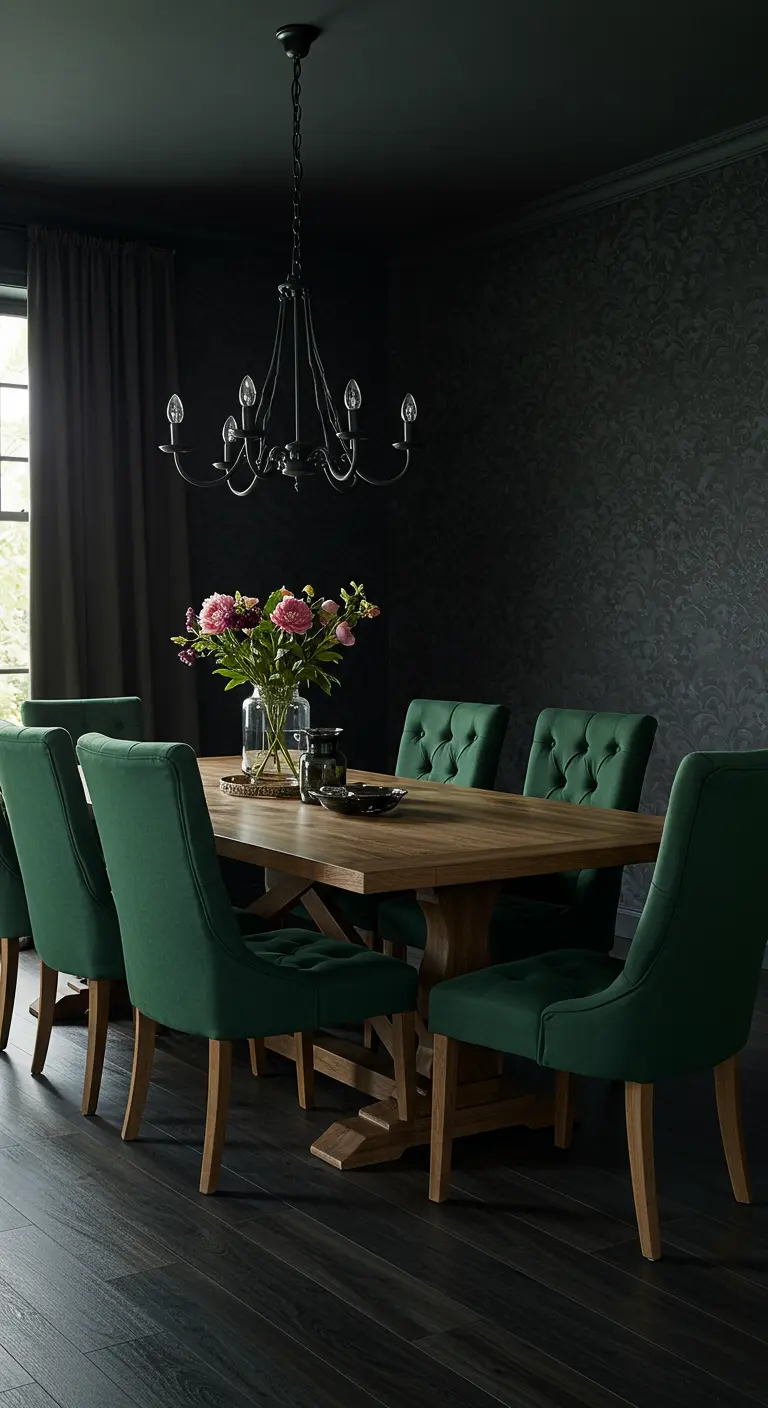 Donkere eetkamer met donkere muren, groene fluwelen stoelen en robuuste houten tafel met bloemen.