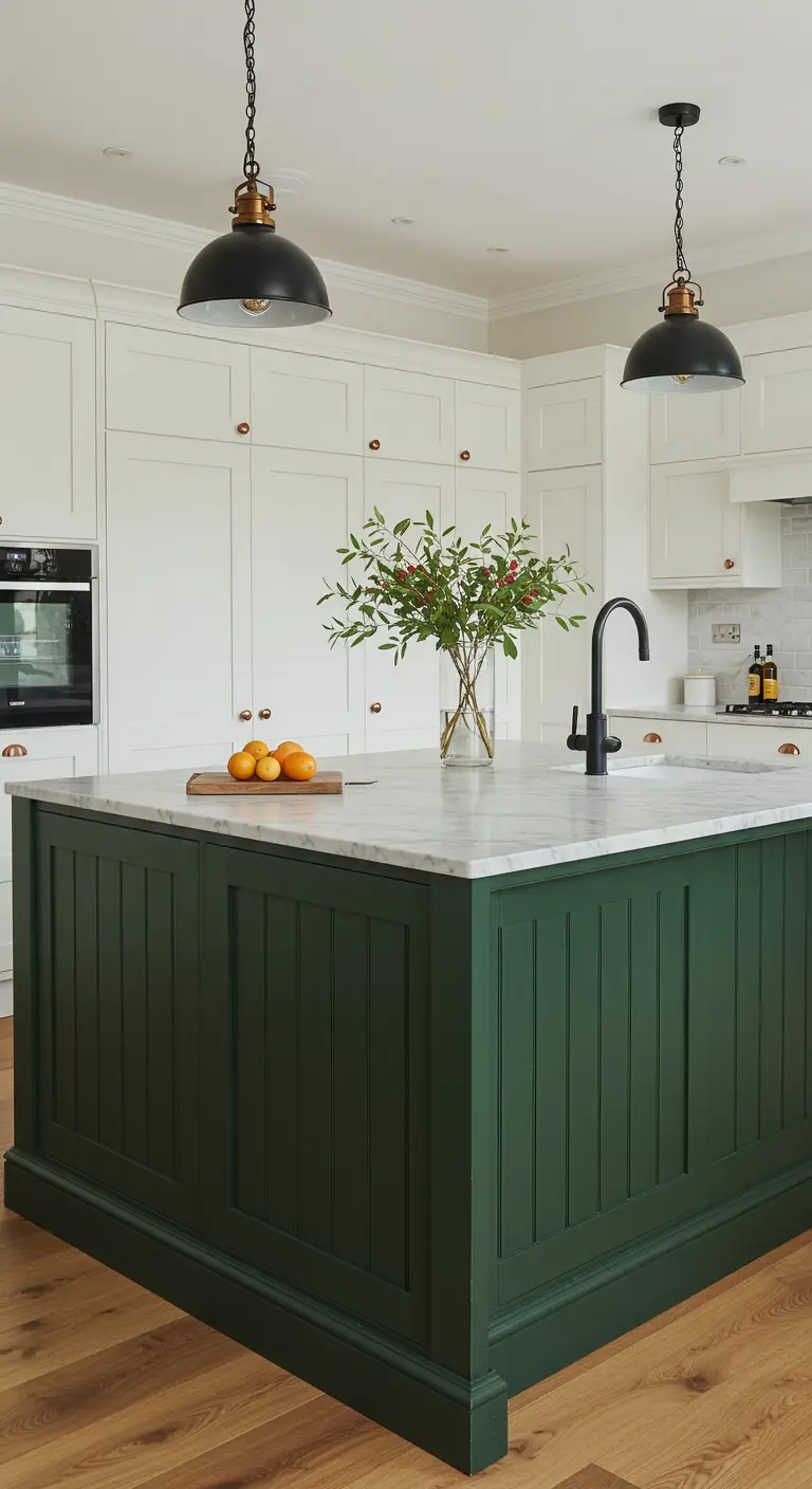 Witte keuken met een groot, bosgroen eiland en zwarte hanglampen.