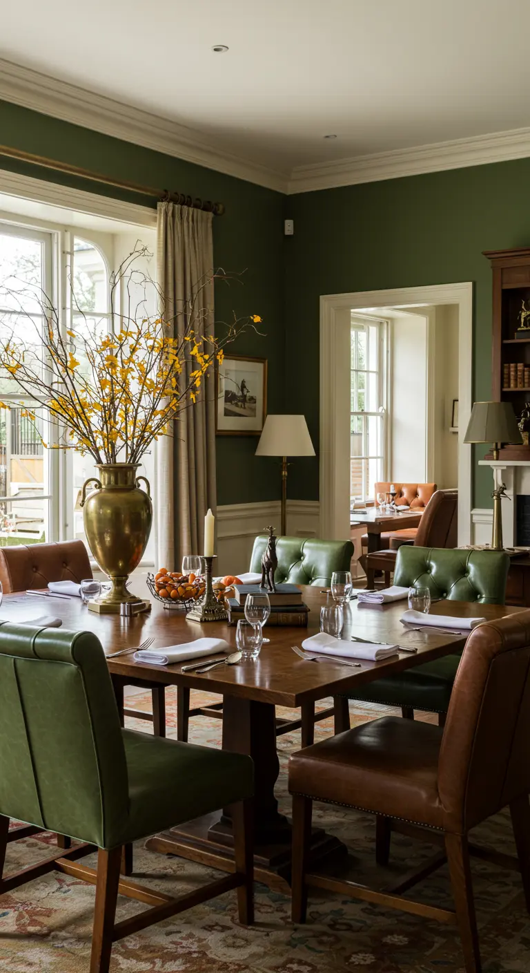 Eetkamer met donkergroene muren, leren stoelen en herfsttakken.